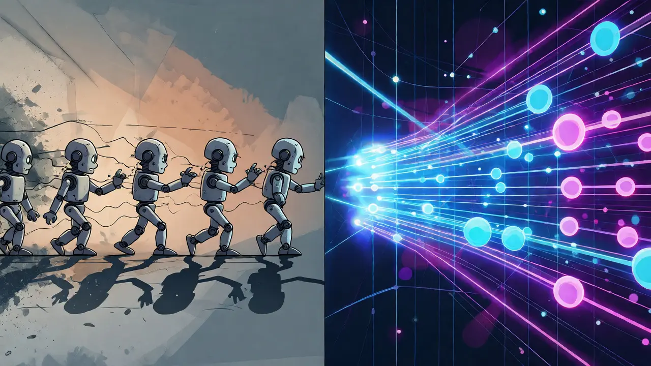 Split-screen comparison of sequential RNN robots versus parallel Transformer networks