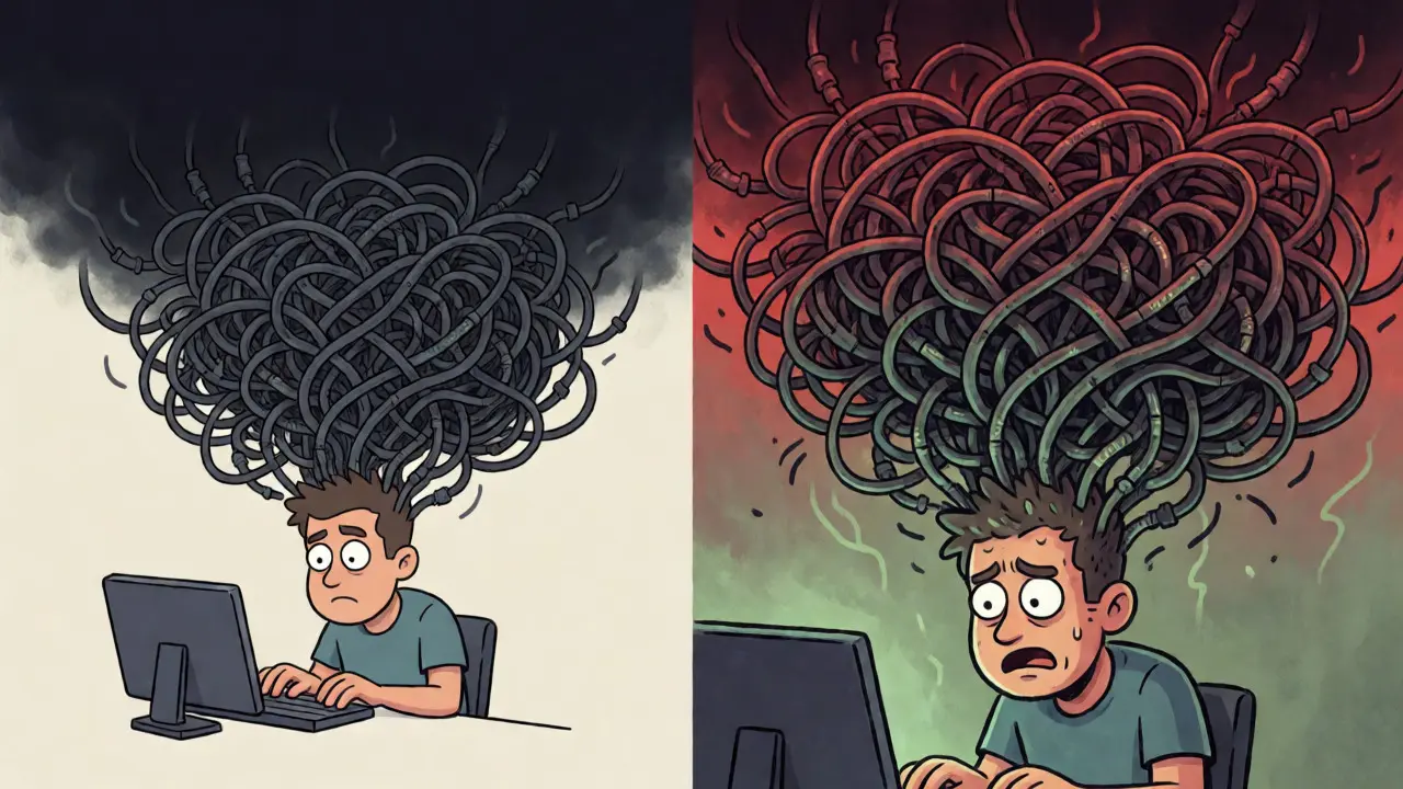 Tangled digital mess representing security risks and technical debt.
