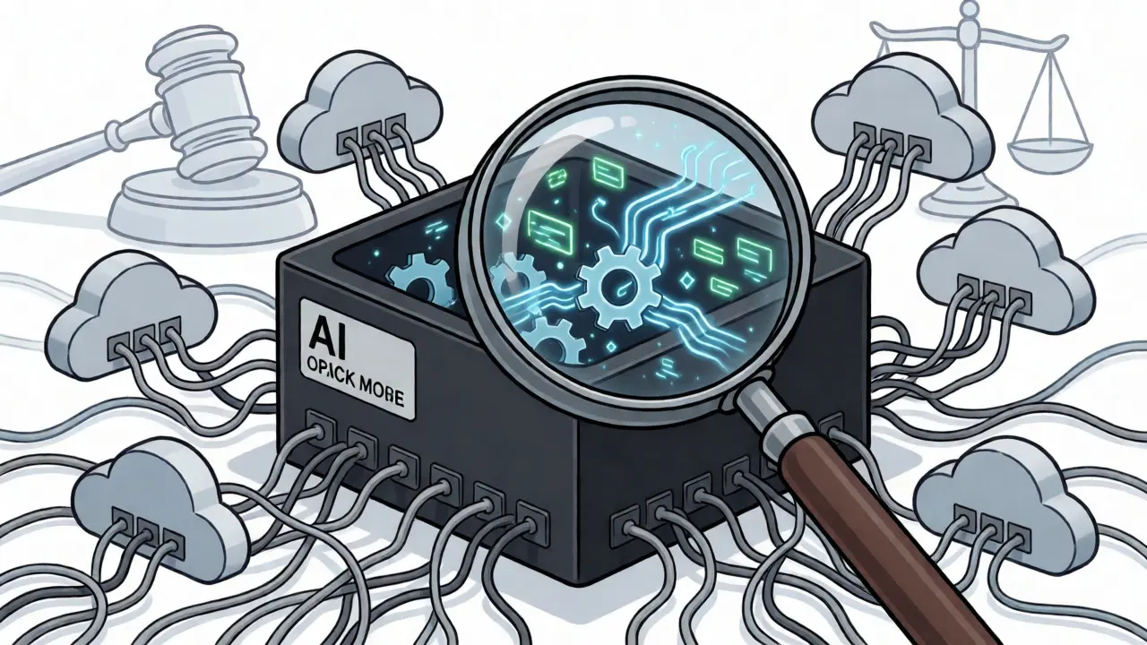 Technical drawing of an opaque AI black box with tangled connections and a magnifying glass inspecting it.