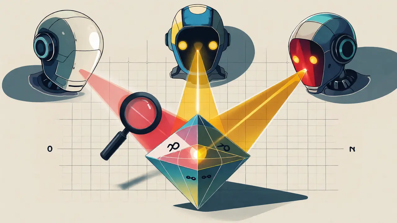 Three robot heads sending data beams to a central prism, showing majority voting and outlier filtering.