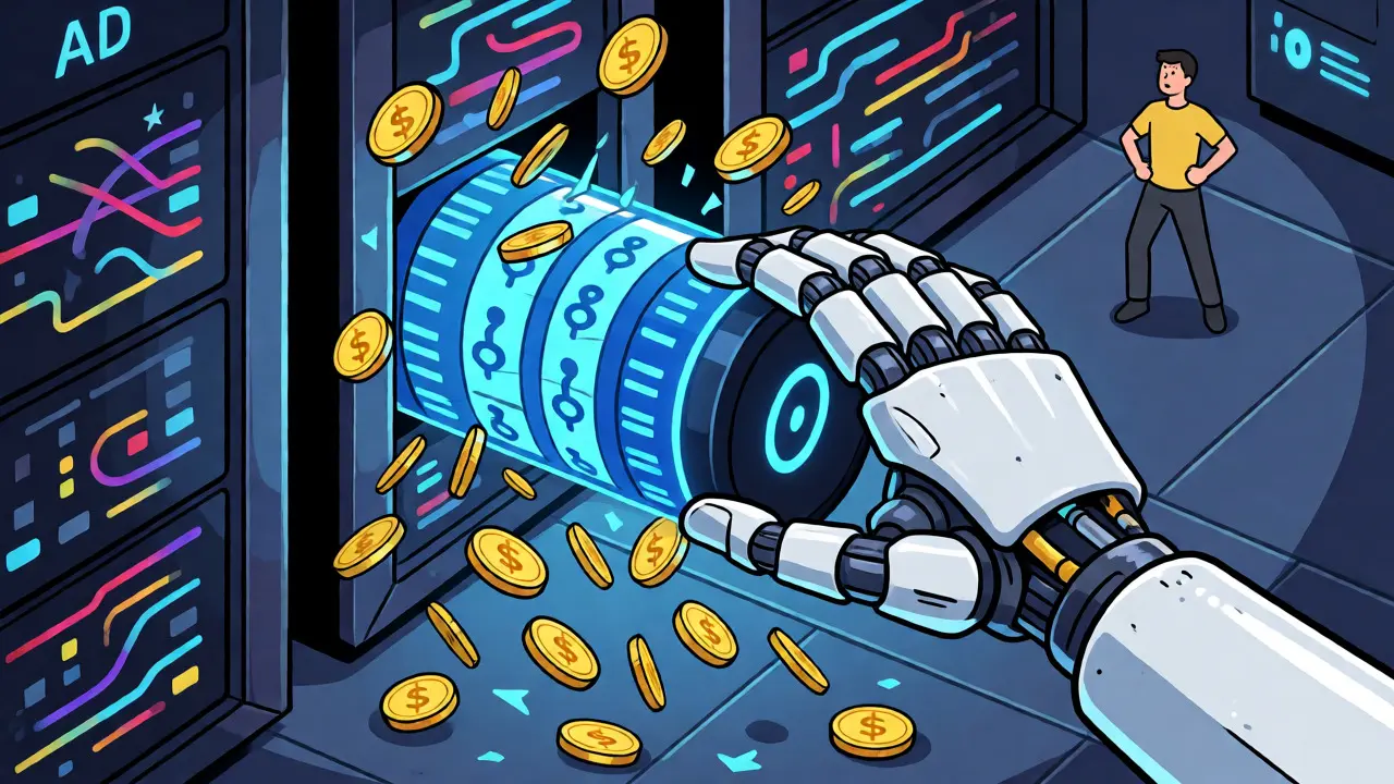 AI robot deleting a database while money falls, illustrating tech risks.