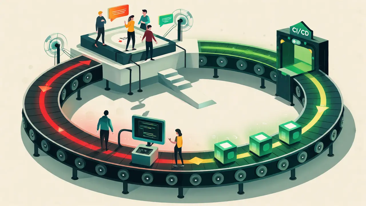 Circular feedback loop converting production failures into synthetic tests
