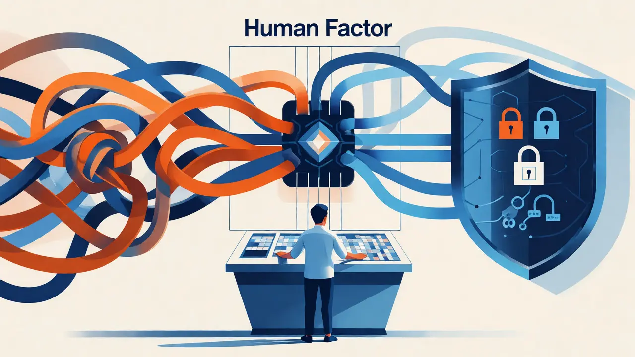 Conceptual diagram showing human oversight managing data flows and security protocols.