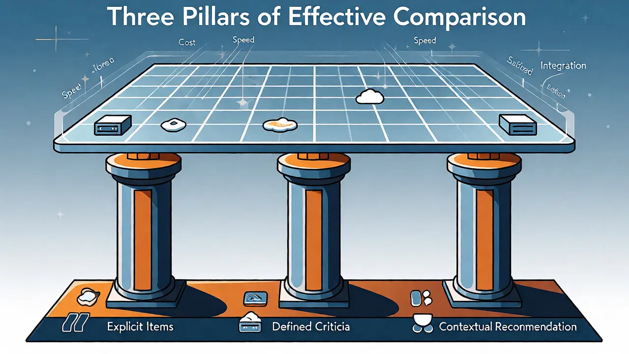 Conceptual diagram showing three pillars supporting an AI decision comparison matrix.