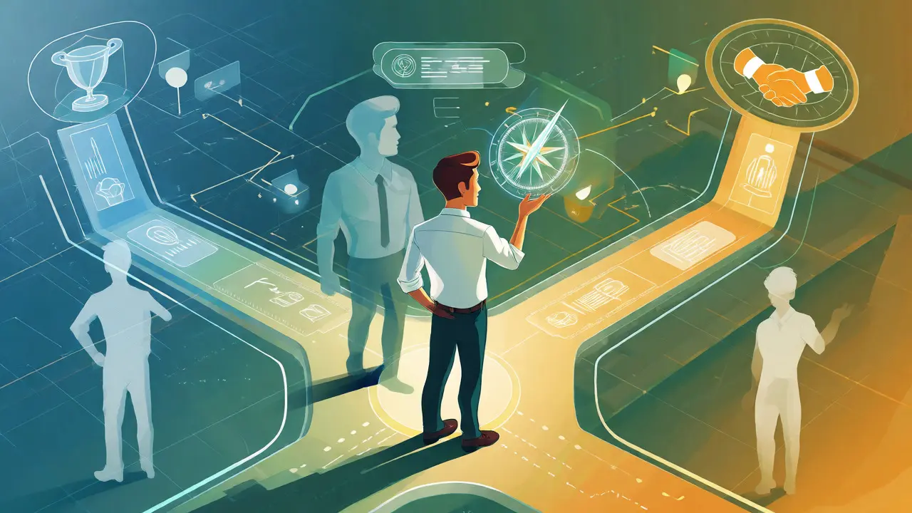 Confident salesperson navigating predictive sales paths guided by AI compass
