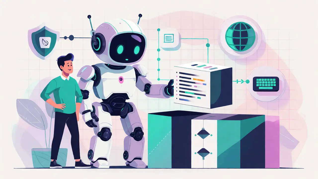 Developer and AI robot collaborating to build inclusive software with proper accessibility and localization standards.