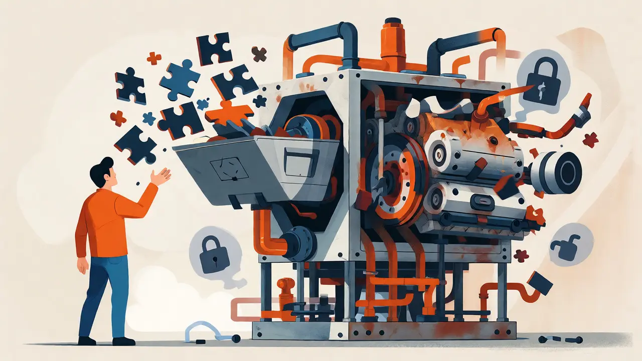 Developer throwing vague puzzle pieces into AI machine resulting in broken output
