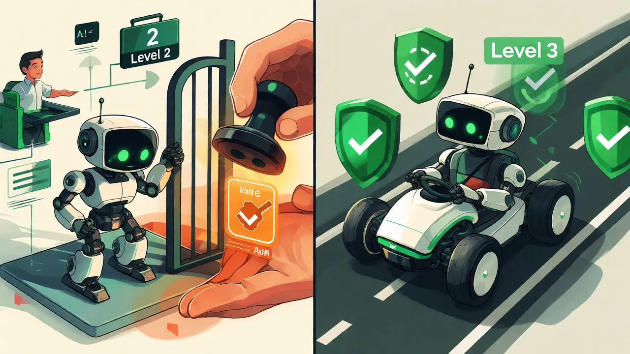 Diagram contrasting Level 2 supervised tasks with Level 3 autonomous test-driven workflows.