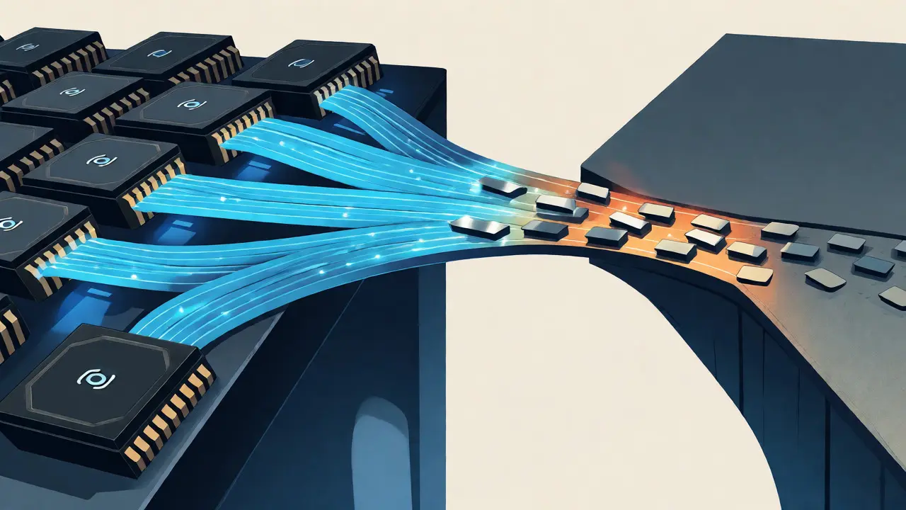 Diagram-style cartoon contrasting fast local GPU connections with congested, narrow inter-node network bridges.