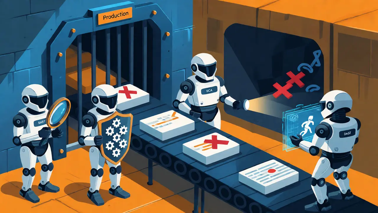Four security robots guarding a production gate against bad code
