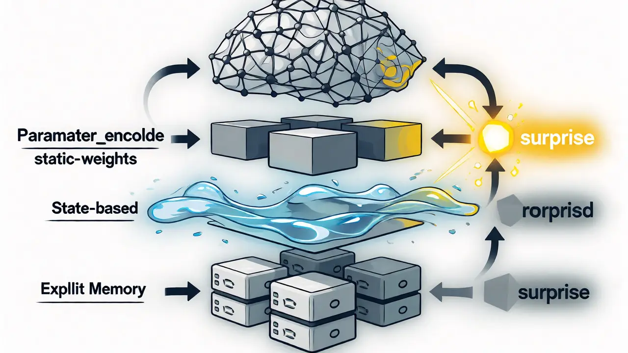 Hierarchical memory layers in Titans architecture with surprise-based routing
