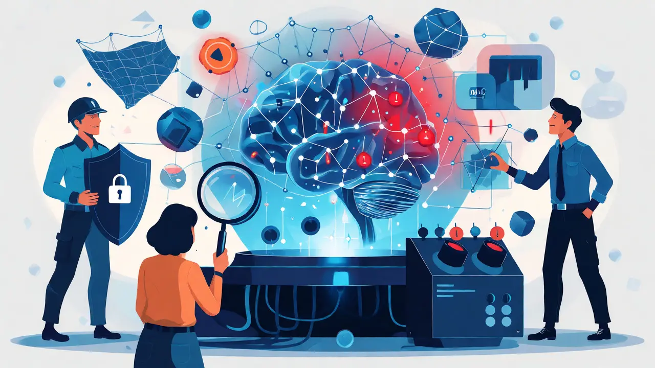 Hybrid security and ML team containing a glitching AI core in technical illustration