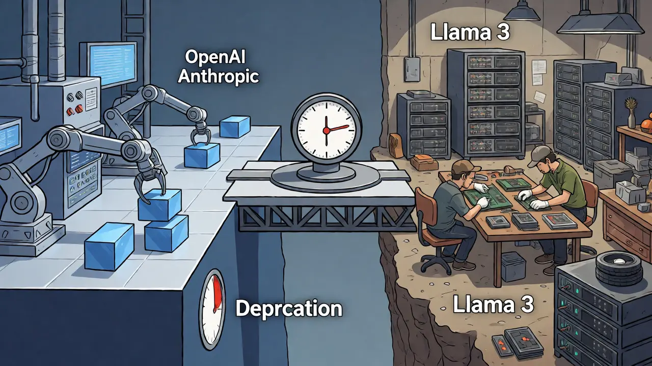 Illustration contrasting automated proprietary API services with manual open-source model maintenance.