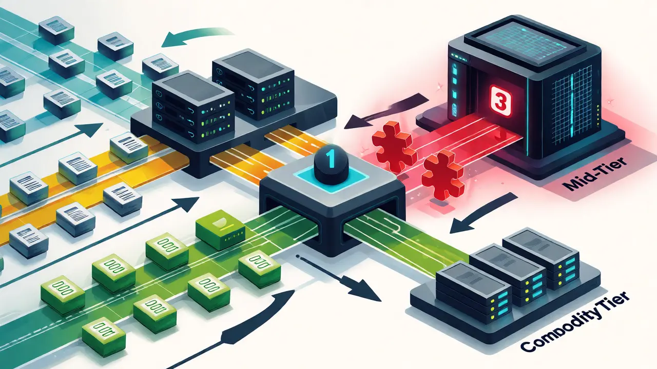 Illustration of dynamic routing systems directing different task types to appropriate model tiers based on complexity.