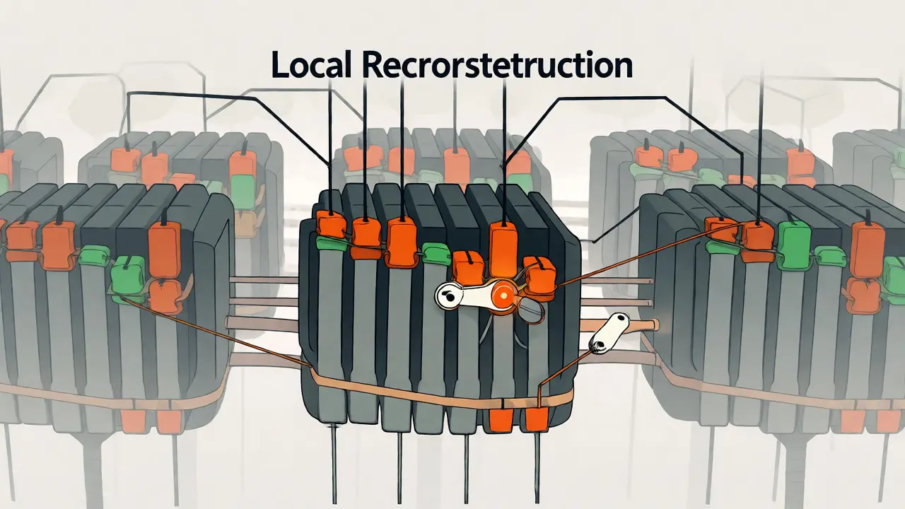 Illustration of local reconstruction adjusting specific transformer blocks while leaving the rest of the network untouched.