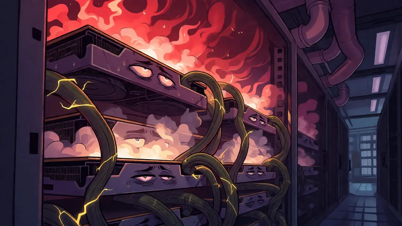 Illustration of overheating GPUs in a server rack with steam and heavy power cables indicating thermal limits.