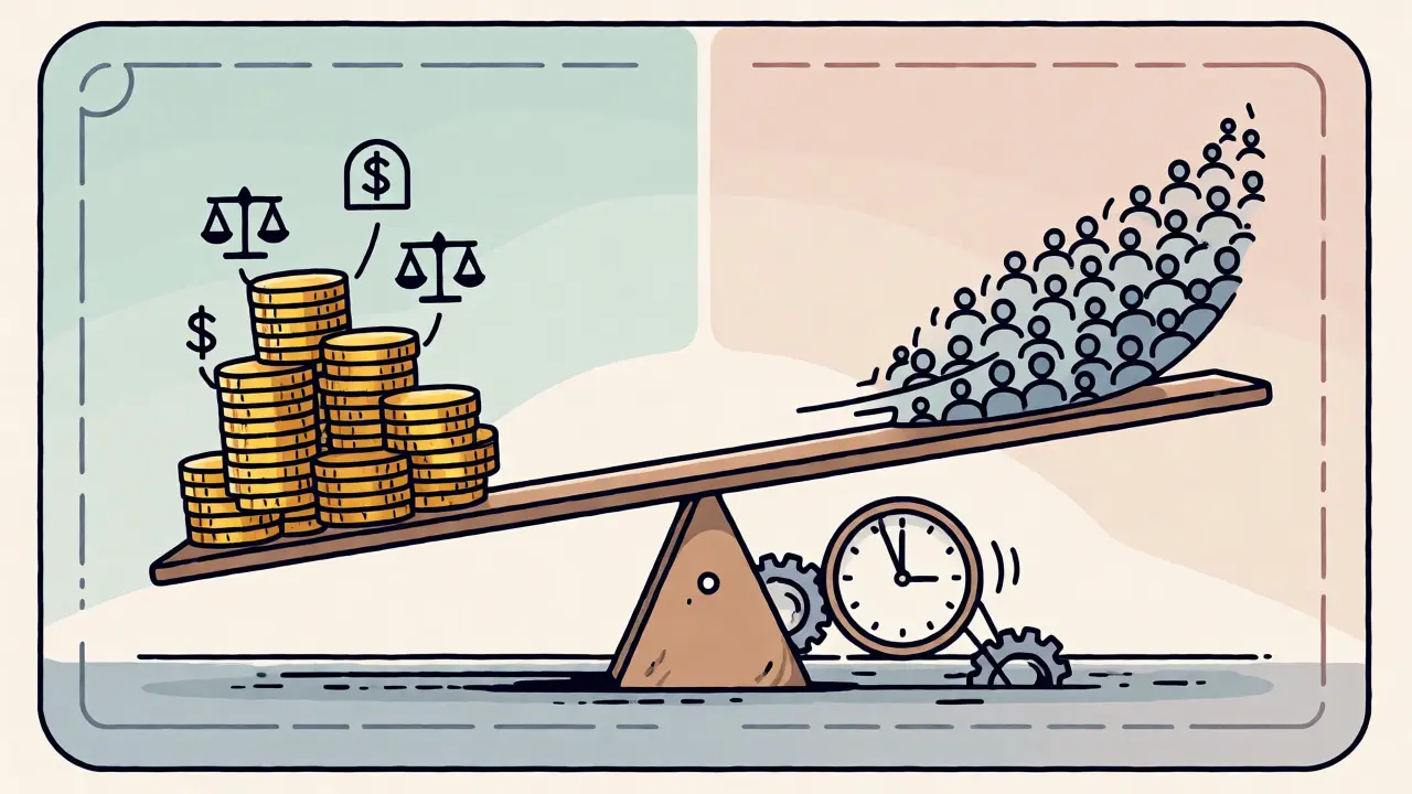 Illustration of the trade-off between accuracy, cost, and bias mitigation using a seesaw metaphor.