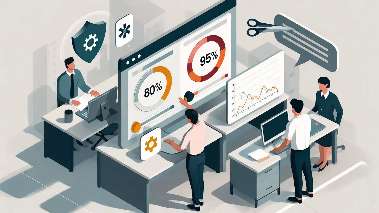 Isometric office scene with floating dashboards displaying budget alerts and optimization tools.
