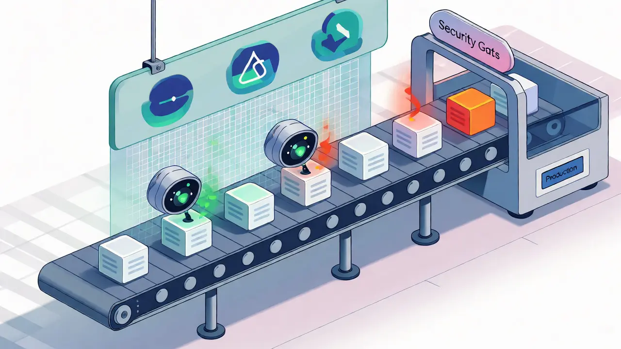 Isometric view of a CI/CD pipeline filtering code for security vulnerabilities.