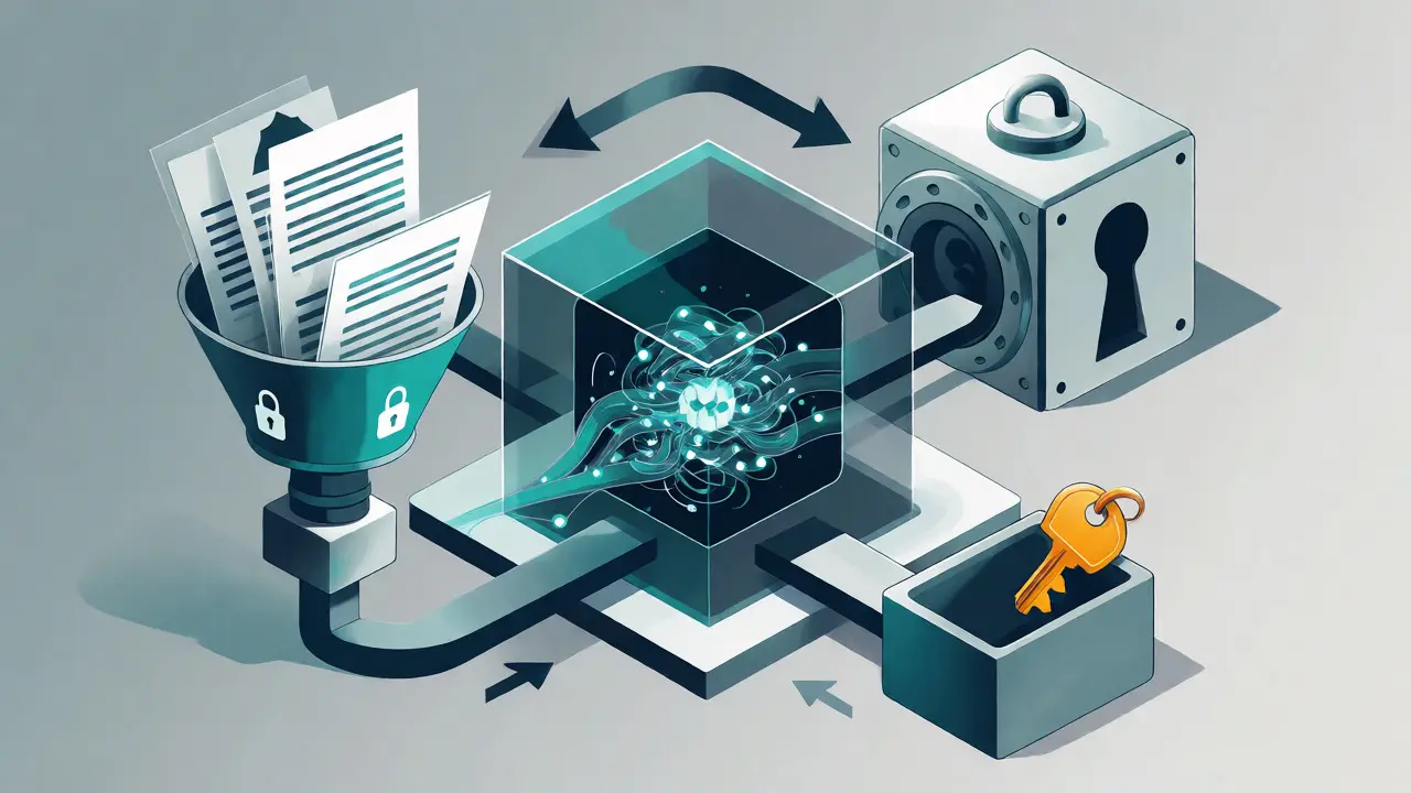 Isometric view of a secure AI data vault protecting contract information
