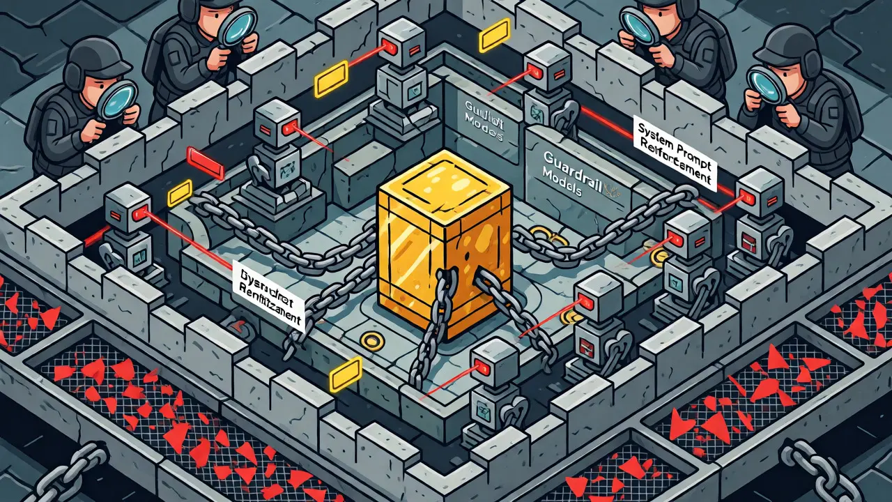 Layered defense architecture protecting an LLM core