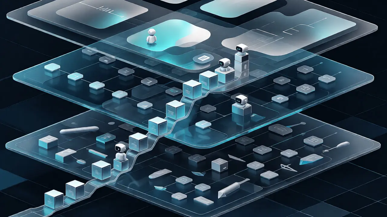 Multi-agent system operating across layered context zones with data flow in technical illustration.