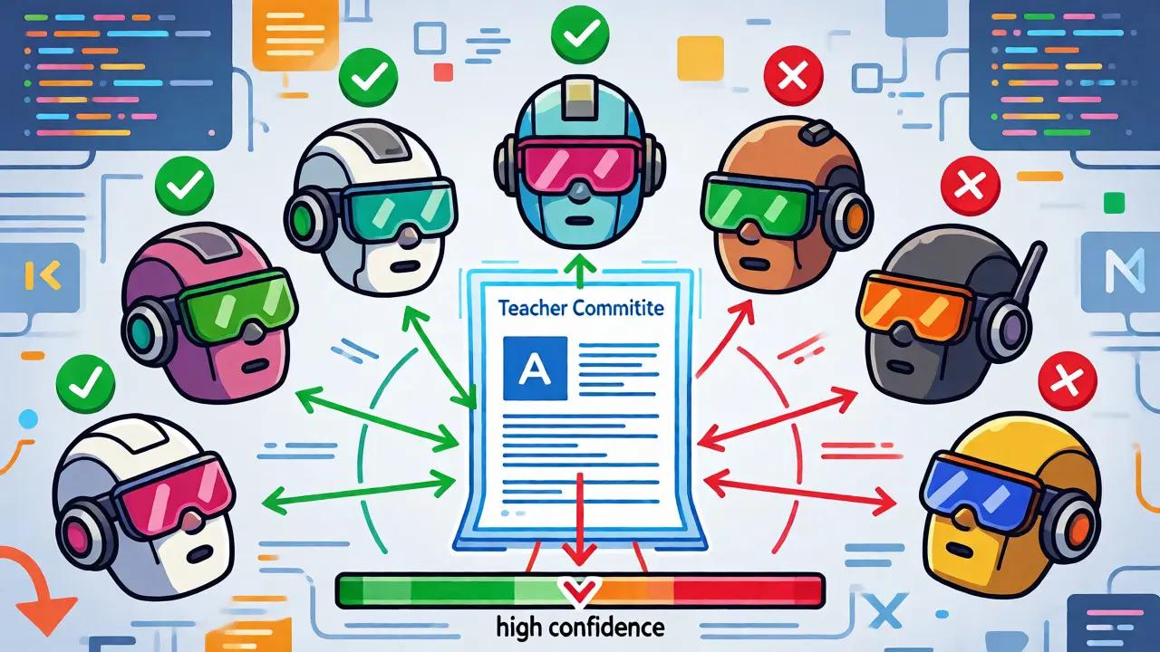 Robotic teacher committee voting on AI output quality in a technical diagram style.