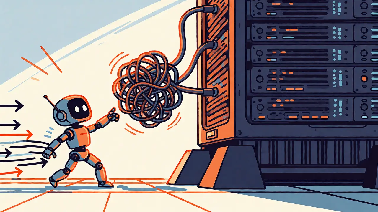 Small AI robot delegating complex tasks to a large server while handling simple queries efficiently.