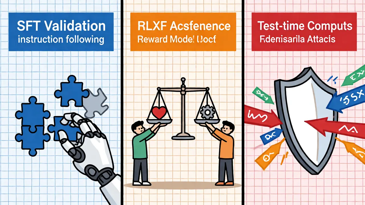 Split-screen illustration depicting SFT, RLxF, and TTC evaluation pillars.