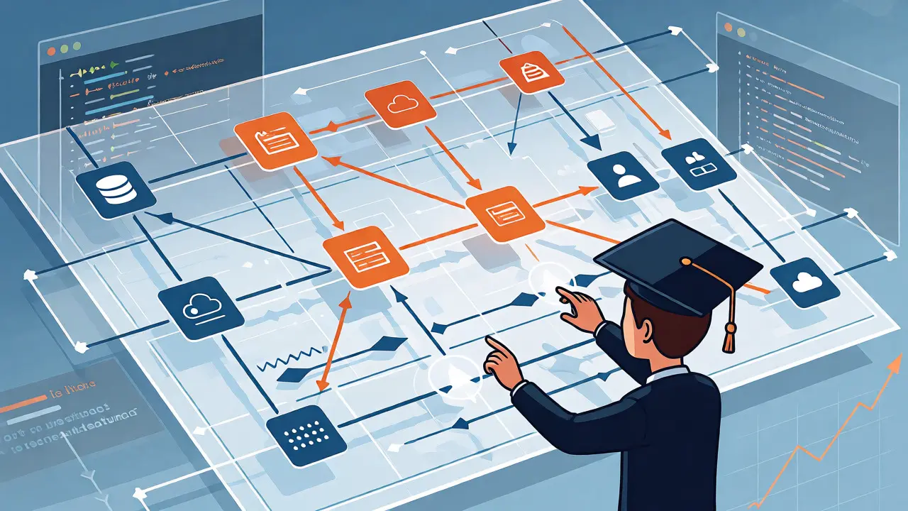 Student manipulating a holographic software architecture diagram with gestures