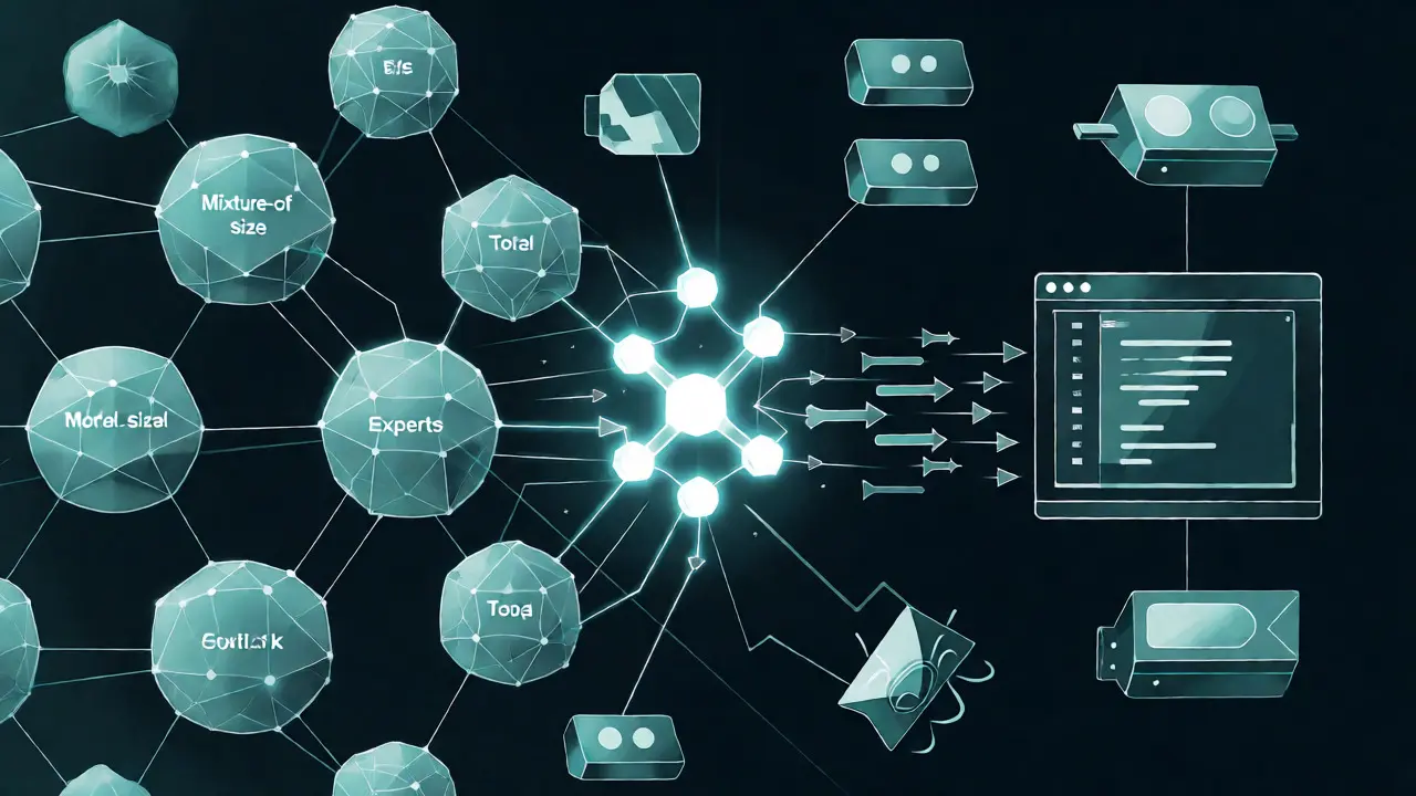 Technical diagram of Mixture-of-Experts model with active nodes highlighting speed.