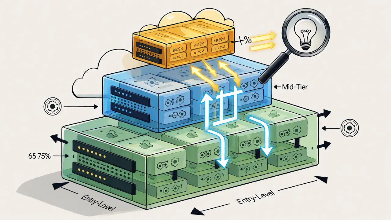 Technical diagram showing model cascading with traffic flowing mostly through cheaper lower-tier servers.