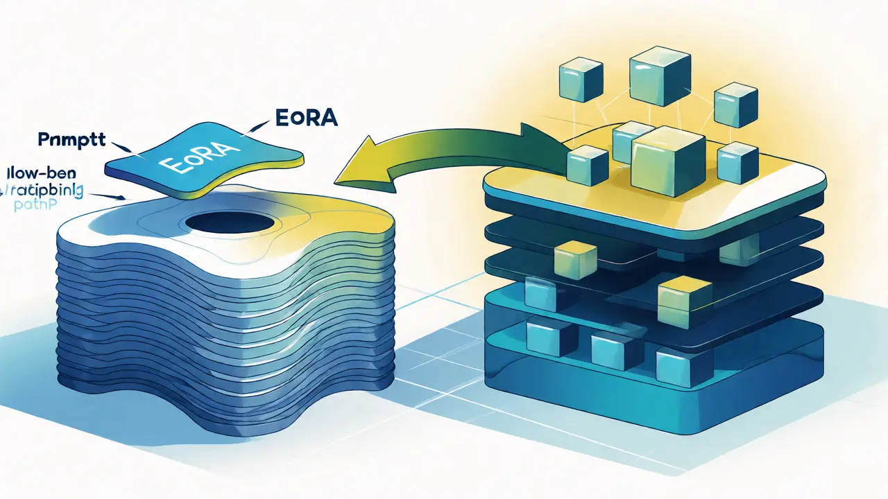 Technical drawing comparing EoRA low-rank paths and IDP prompting as efficient ways to restore LLM accuracy.
