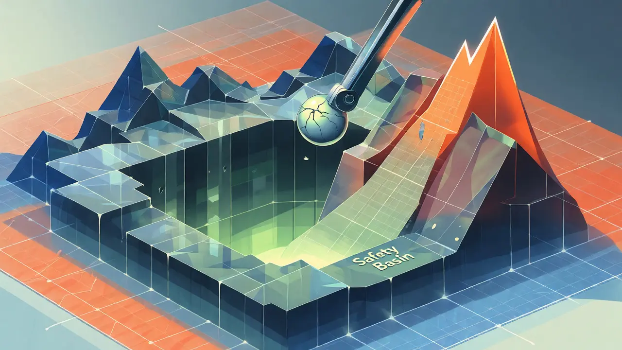 Technical drawing of a model moving from a safe valley to a risky performance peak