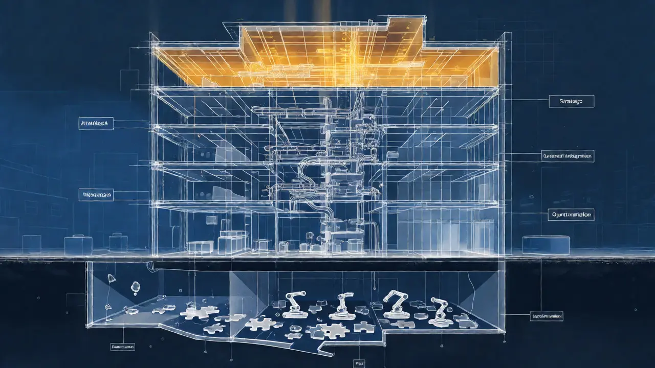 Vertical cutaway of a building illustrating the four progressive stages of AI maturity.