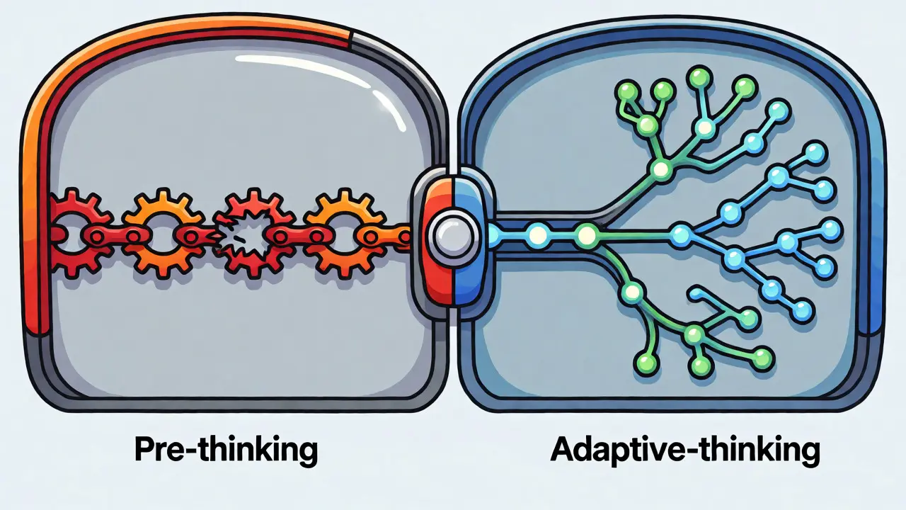 Visual comparison of fragile pre-thinking chains versus robust adaptive thinking structures in AI.