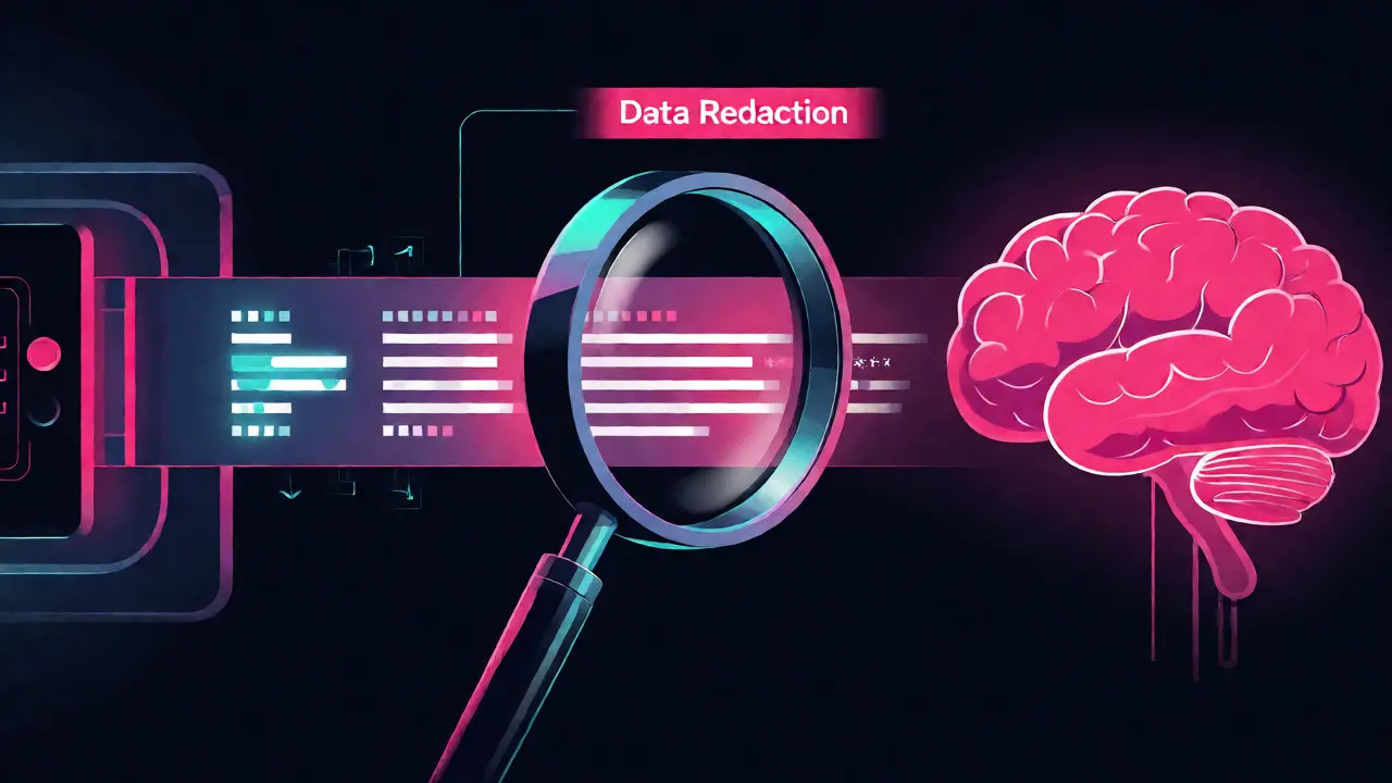 Visual representation of data redaction masking sensitive PII entities before they are sent to the Large Language Model.